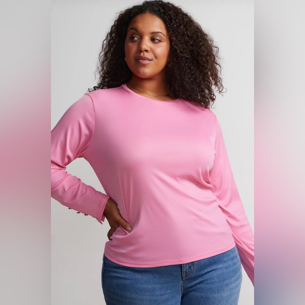 Long Button Sleeve Crew Neck Blouse in Bright Pink - New w/Tags - Ny&Co - 3X
